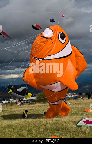 Sul Gergovie plateau, un bambino con un clown a forma di pesce kite (Francia). Enfant avec ONU-Cerf Volant en forme de clown di Poisson. Foto Stock