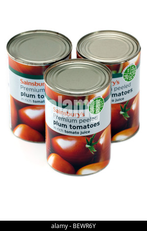 Tre lattine di Sainsbury's premium prugna pelate i pomodori Foto Stock