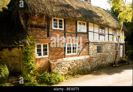 Inglese tipica struttura di legno cottage con tetto in paglia in Ogbourne St.Andrew un paese nel Wiltshire, Inghilterra, Regno Unito Foto Stock