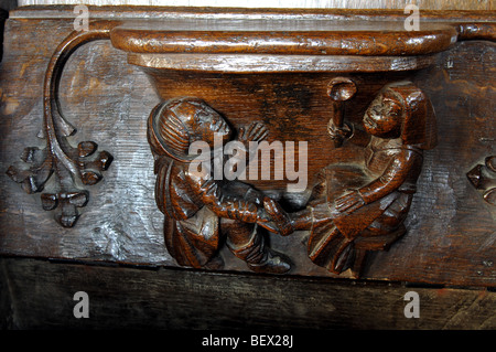 Misericord nella Basilica di Santa Maria Vergine Chiesa, Fairford, Gloucestershire, England, Regno Unito Foto Stock