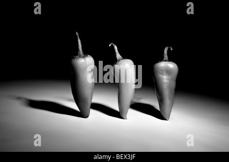 Bianco e nero studio artistico colpo di tre peperoncini di alzarsi preso con illuminazione drammatica per dare le ombre Foto Stock