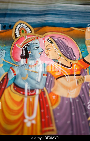 Indiana tradizionale seta dipinto raffigurante una scena da indiana Mahabharata con Krishna Gopi e. India Foto Stock