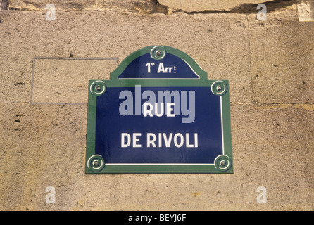 Europa Francia Parigi Rue de Rivoli strada segno Foto Stock