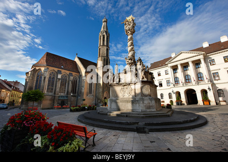 La Santissima Trinità la statua e la capra (Chiesa templom Kecske )- Fo quadrato (Fő Ter) - Sopron, Ungheria Foto Stock