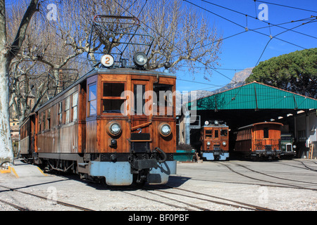 Treno di Sóller, Sóller stazione ferroviaria, isola di Maiorca, SPAGNA Foto Stock