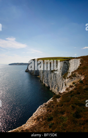 Vista delle scogliere bianche che si frappongono tra Old Harry Rocks e il resort di Swanage su Dorset la Jurassic Coast Foto Stock