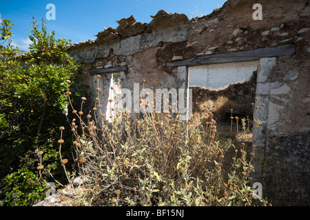 1953 terremoto danneggiato abbandonato città fantasma edificio in Drakopoulata villlage Kefalonia in Grecia Foto Stock