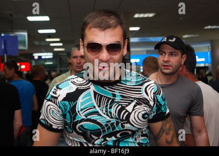 Ucraina campione europeo di pugilato Yuriy Barashian, aeroporto Kyiv Boyspil dopo l'arrivo fr Buenos Aires lotta con H Garay Foto Stock