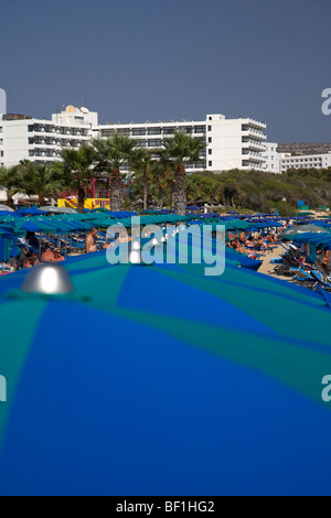 Umbrellla ombrelloni sulla spiaggia di Porto di ayia napa repubblica di Cipro in Europa Foto Stock