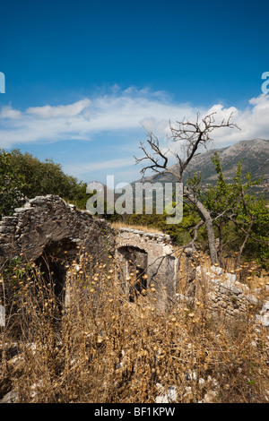 1953 terremoto danneggiato abbandonato città fantasma edificio in Drakopoulata villlage Kefalonia in Grecia Foto Stock