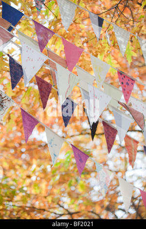 Multi stringhe colorate di bunting contro le foglie di autunno Foto Stock