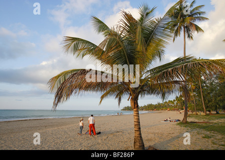 Le persone e le palme in spiaggia sotto il cielo nuvoloso, Luquillo, Puerto Rico, Caraibi, America Foto Stock