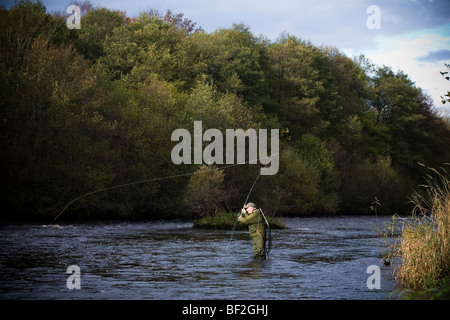 Salmone pesca a mosca sul Tyne Nord a bellingham northumberland England Regno Unito Foto Stock