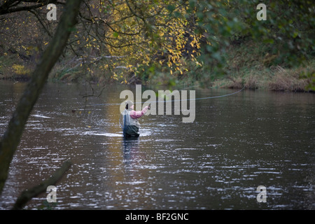 La pesca a mosca sul Tyne nord fiume di Bellingham Northumberland England Regno Unito Foto Stock