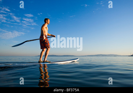 Un tardo 30's uomo caucasico su uno stand up paddle board sul Puget Sound nei pressi di Seattle, WA. Foto Stock