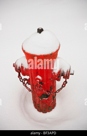 Rosso fuoco idrante impostate deep nella neve a Montreal Foto Stock