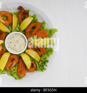 Angolo di alta vista di mollica calamari fritti Foto Stock