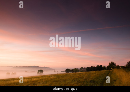 Sunrise a Whiteshill vicino a Stroud nel Cotswolds Foto Stock