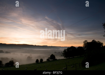 Sunrise in tutta la valle di Painswick come visto da Whiteshill vicino a Stroud nel Cotswolds Foto Stock