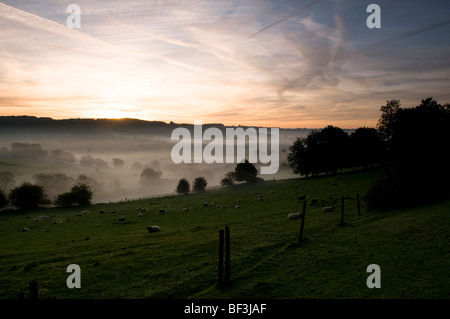 Sunrise in tutta la valle di Painswick come visto da Whiteshill vicino a Stroud nel Cotswolds Foto Stock