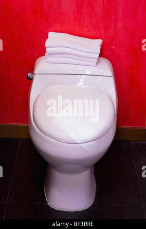 Asciugamani su una tazza di gabinetto Foto Stock
