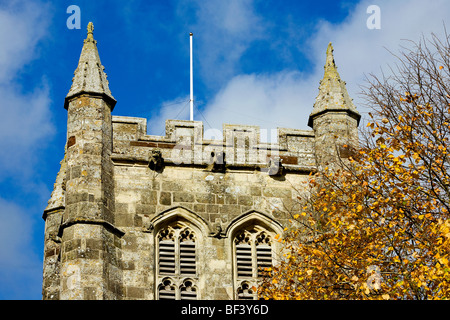 Wimborne Minster visto in autunno dove le foglie d'oro hanno cominciato a cadere Foto Stock