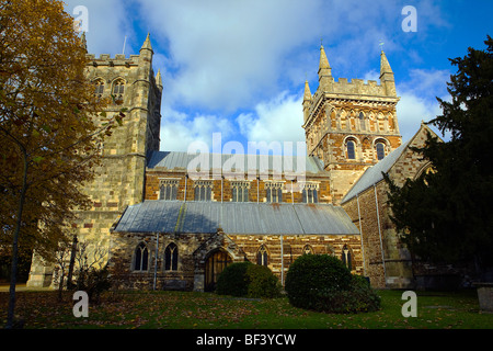 Wimborne Minster visto in autunno dove le foglie d'oro hanno cominciato a cadere Foto Stock