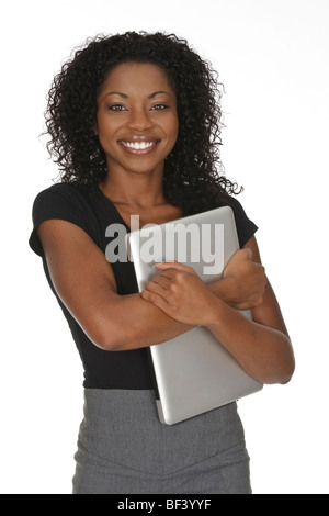 Bella African American imprenditrice in possesso di un computer portatile Foto Stock
