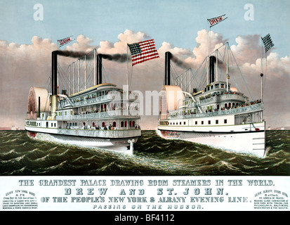 Palace drawing room vaporizzatori, Drew e san Giovanni: del New York & Albany sera linea, passando su Hudson, circa 1878 Foto Stock