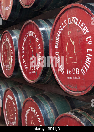 Barili di Irish whiskey impilati sul display in Old Bushmills birreria, County Antrim, Irlanda del Nord Foto Stock