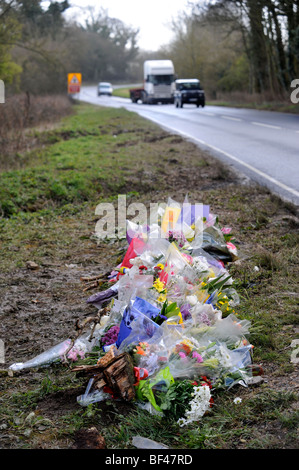 Un memoriale sul ciglio della strada sulla A429 a nord di Stow-su-il-Wold, Gloucestershire dove un incidente del 7 marzo 2008 che coinvolgono condannati Foto Stock