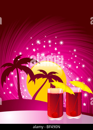 Abstract tramonto tropicale e palme con due rinfrescanti cocktail rosso su un tavolo Foto Stock