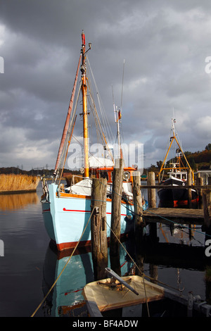 Barche da pesca nel porticciolo di Gothmund presso il fiume Trave, città anseatica di Lubecca, Schleswig-Holstein, Germania, Eur Foto Stock