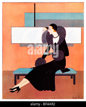 Pomeriggio Ensemble, bellissima 1930s Art Deco Fashion Illustration di una dama elegante prendendo tè Foto Stock