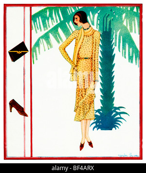 La molla Ensemble, bellissima 1930s Art Deco Fashion Illustration di una dama elegante togged fino nella parte anteriore di un albero di palma Foto Stock