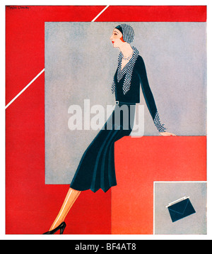 Mattina tonaca, bella 1930s Art Deco Fashion Illustration di una dama elegante vestito per la rotonda sociale Foto Stock