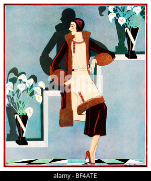 Pomeriggio in velluto, bellissima 1930s Art Deco Fashion Illustration di una dama elegante pronti per un viaggio fuori Foto Stock