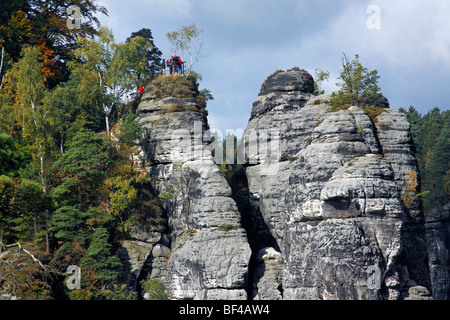 Persone su una piattaforma di osservazione in Bastei, formazioni rocciose dell'Elba montagne di arenaria in autunno, Svizzera Sassone National P Foto Stock