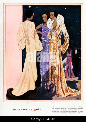 La tenue de Gala, 1930s francese rivista di moda illustrazione, lunga serata elegante abiti da Lenief Foto Stock