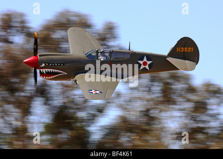 Curtis P40 Warhawk fa un passaggio durante un fly-in presso il dado albero Aeroporto a Vacaville, California Foto Stock