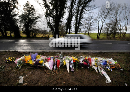 Un memoriale sul ciglio della strada sulla A429 a nord di Stow-su-il-Wold, Gloucestershire dove un incidente del 7 marzo 2008 che coinvolgono condannati Foto Stock