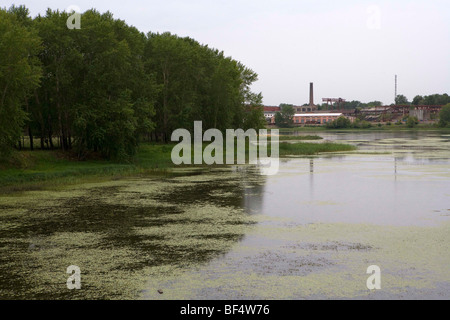 Fiume inquinato con la crescita di alghe e di edifici industriali in background, Urali, Russia Foto Stock