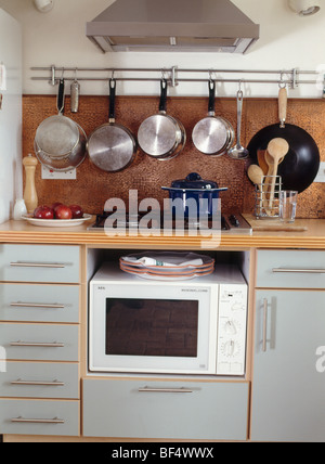Pentole sulla cremagliera al di sopra del piano di cottura e forno a  microonde in grigio le unità montate nella piccola cucina Foto stock - Alamy