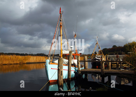 Barche da pesca nel porticciolo di Gothmund presso il fiume Trave, città anseatica di Lubecca, Schleswig-Holstein, Germania, Eur Foto Stock