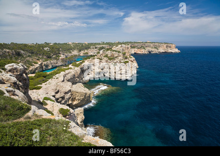 Scogliere vicino a Cala s'Almonia Bay, Mallorca, Maiorca, isole Baleari, Mare mediterraneo, Spagna, Europa Foto Stock