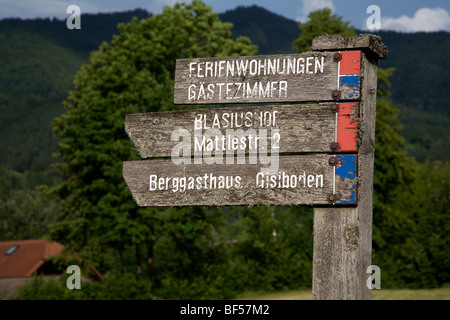 Stagionato in signpost Geschwend nella Foresta Nera, Baden-Wuerttemberg, Germania, Europa Foto Stock