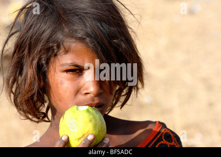 Ritratto, ragazza con guaiava, Pushkar, Rajasthan, India, Asia del Sud Foto Stock