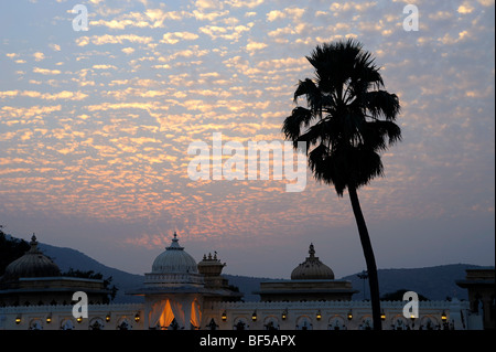 Cielo di sera con un albero di palma sull isola di Jag Mandir, Jag Mandir Palace sul lago Pichola, Udaipur, Rajasthan, India del Nord, ho Foto Stock