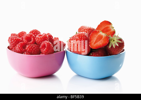 Frutti di bosco, piatti colorati con bacche selvatiche, lamponi e fragole Foto Stock