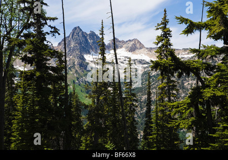 Picco spietato nel North Cascades di Washington come visto dal lago blu sentiero vicino a Washington Pass. Foto Stock